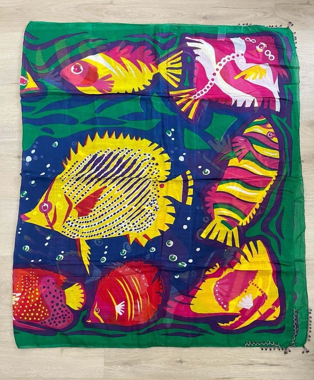 Jasmine by K.V.M. Vintage Tropical Fish Print Beaded Scarf